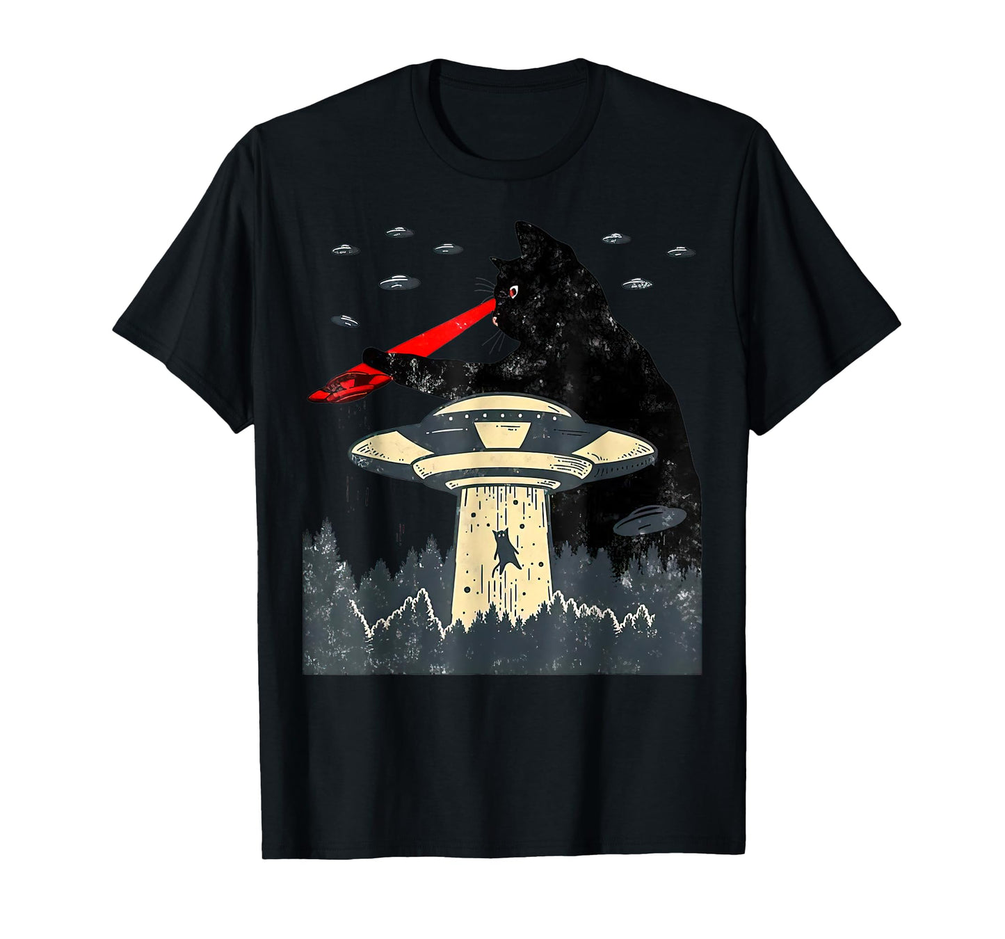 Cat UFO Black Cat, Funny Cat Tee, Cat Graphic, Cat Laser Eye T-Shirt for Men Women