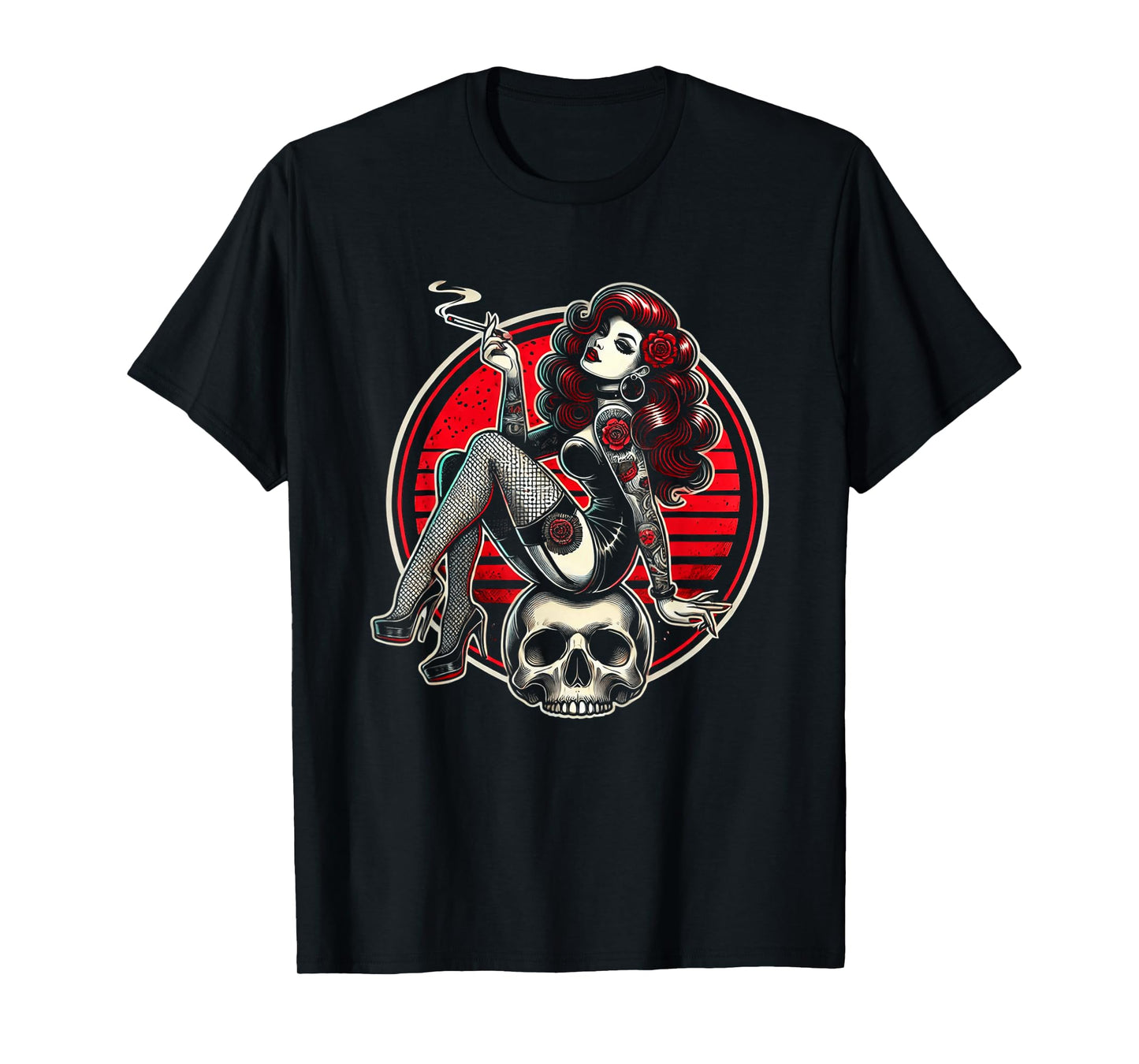 Tattoo Goth Pin-up Girl with Skull Vintage Horror Rockabilly T-Shirt