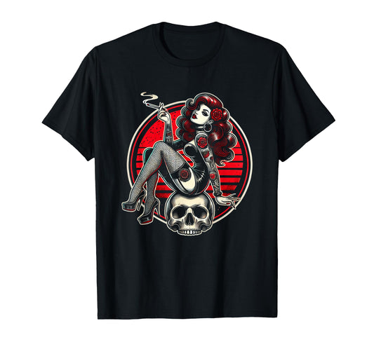 Tattoo Goth Pin-up Girl with Skull Vintage Horror Rockabilly T-Shirt