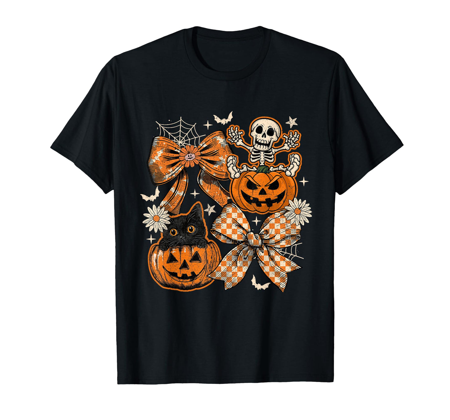 Retro Pumpkin Cat Bow Skeleton Checkered Halloween Costumes T-Shirt