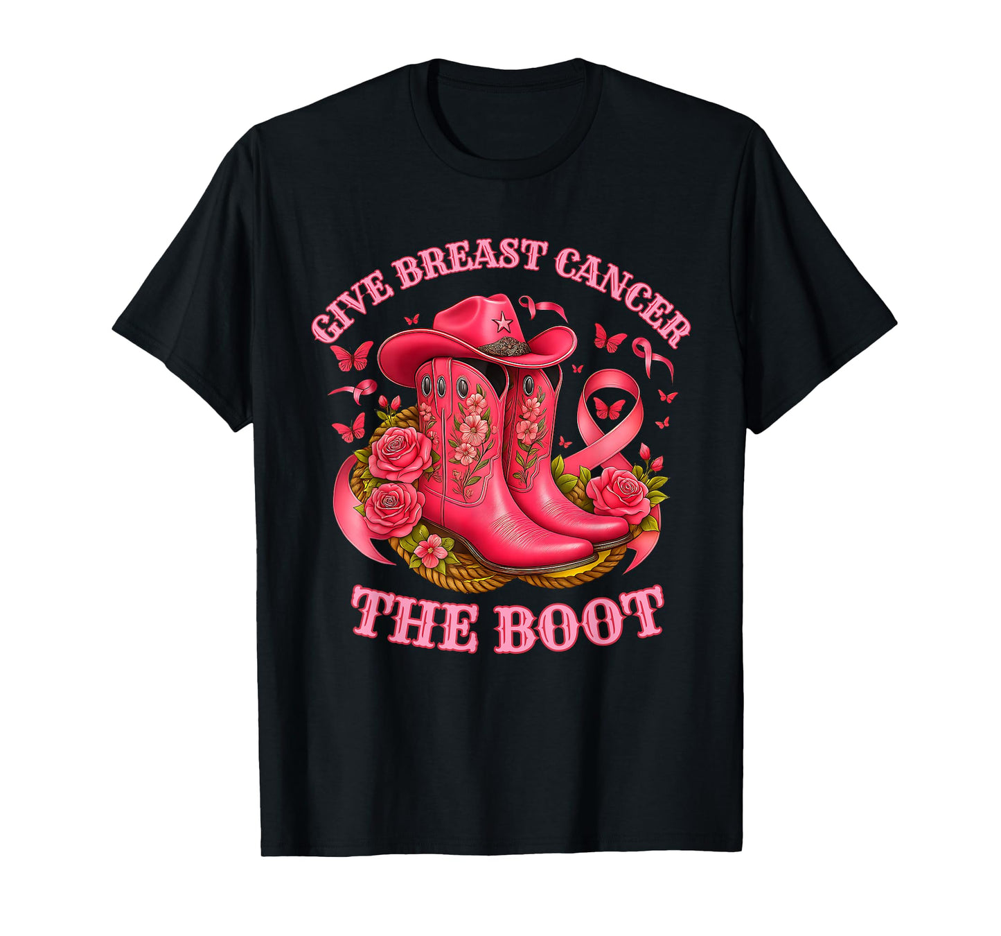 Give Breast Cancer The Boot Cowgirl Pink Ribbon Awareness T-Shirt