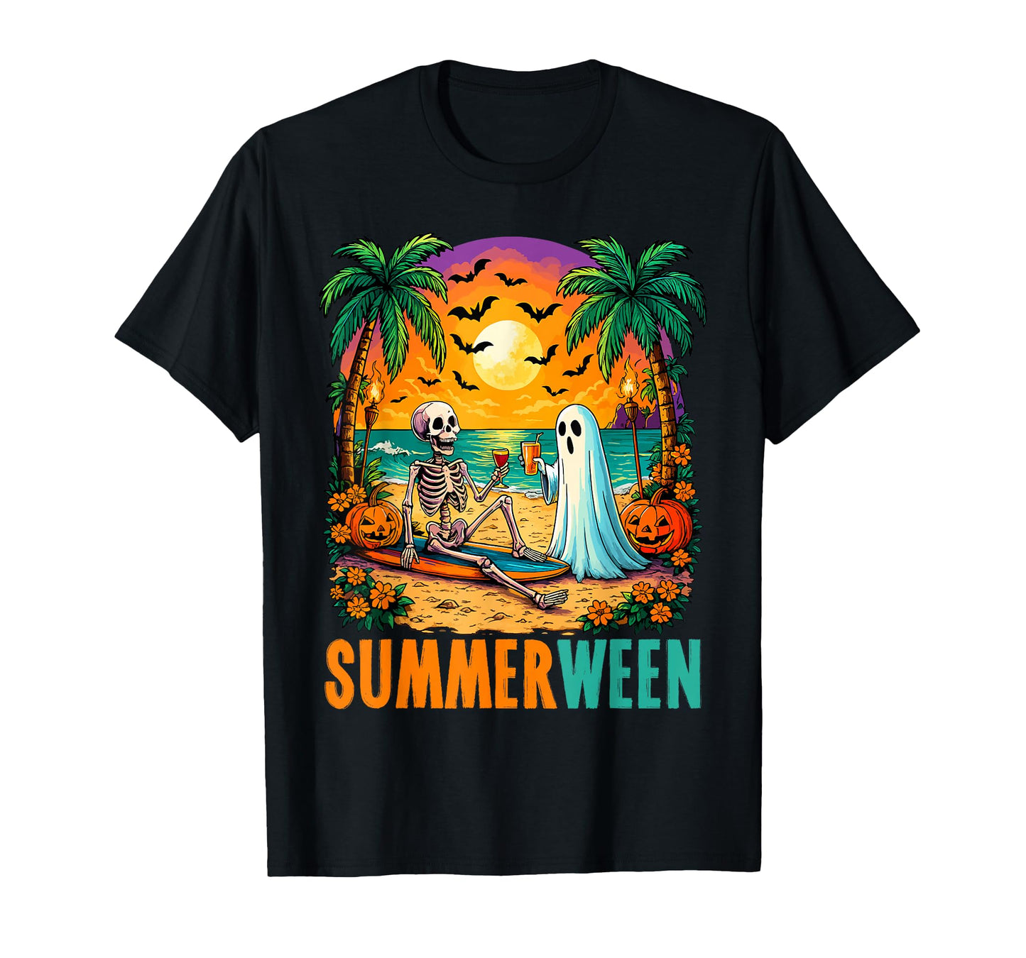 Summerween Ghost & Skeleton Halloween Summer Beach Vacation T-Shirt