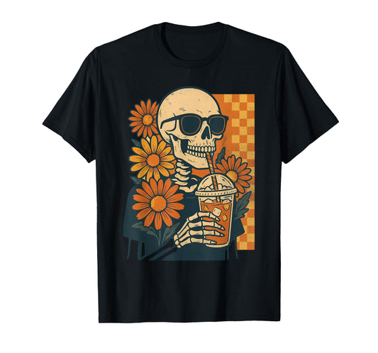 Cool Skull Halloween Design Skeleton Drinking Iced Coffee T-Shirt