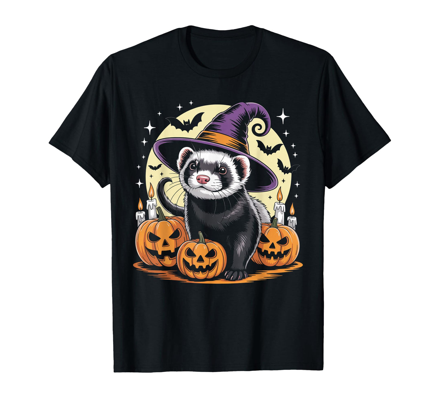 Ferret Witch Halloween - Spooky Pumpkin Bats Art T-Shirt