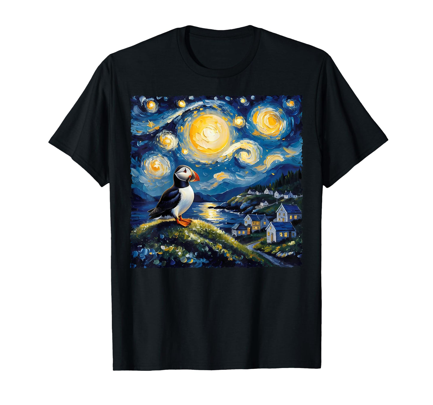 Van Gogh Style Funny Puffin Lover The Starry Night Painting T-Shirt