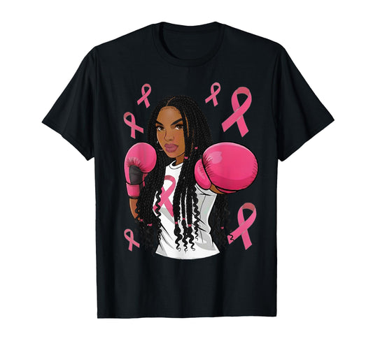 Women Black African American Breast Cancer Afro Pink Ribbon T-Shirt