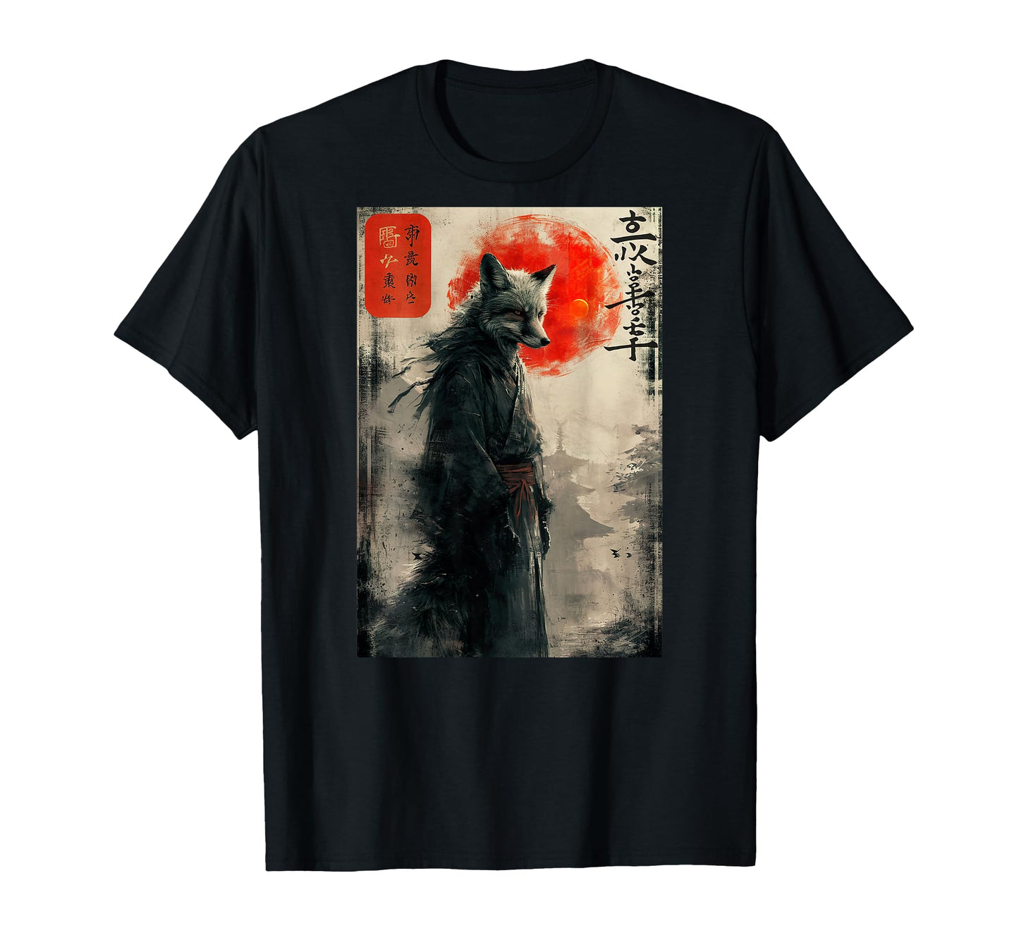Japanese Woodblock art of a Samurai Fox with Japanese (BACK) T-Shirt