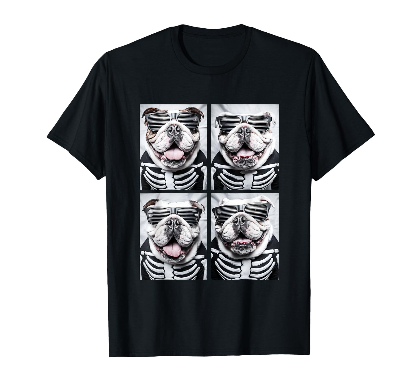 British Bulldogs with Sunglasses Halloween Skeleton Costume T-Shirt