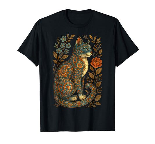 Cute Cat Lover Vintage Flowers Art Pattern Aesthetic T-Shirt