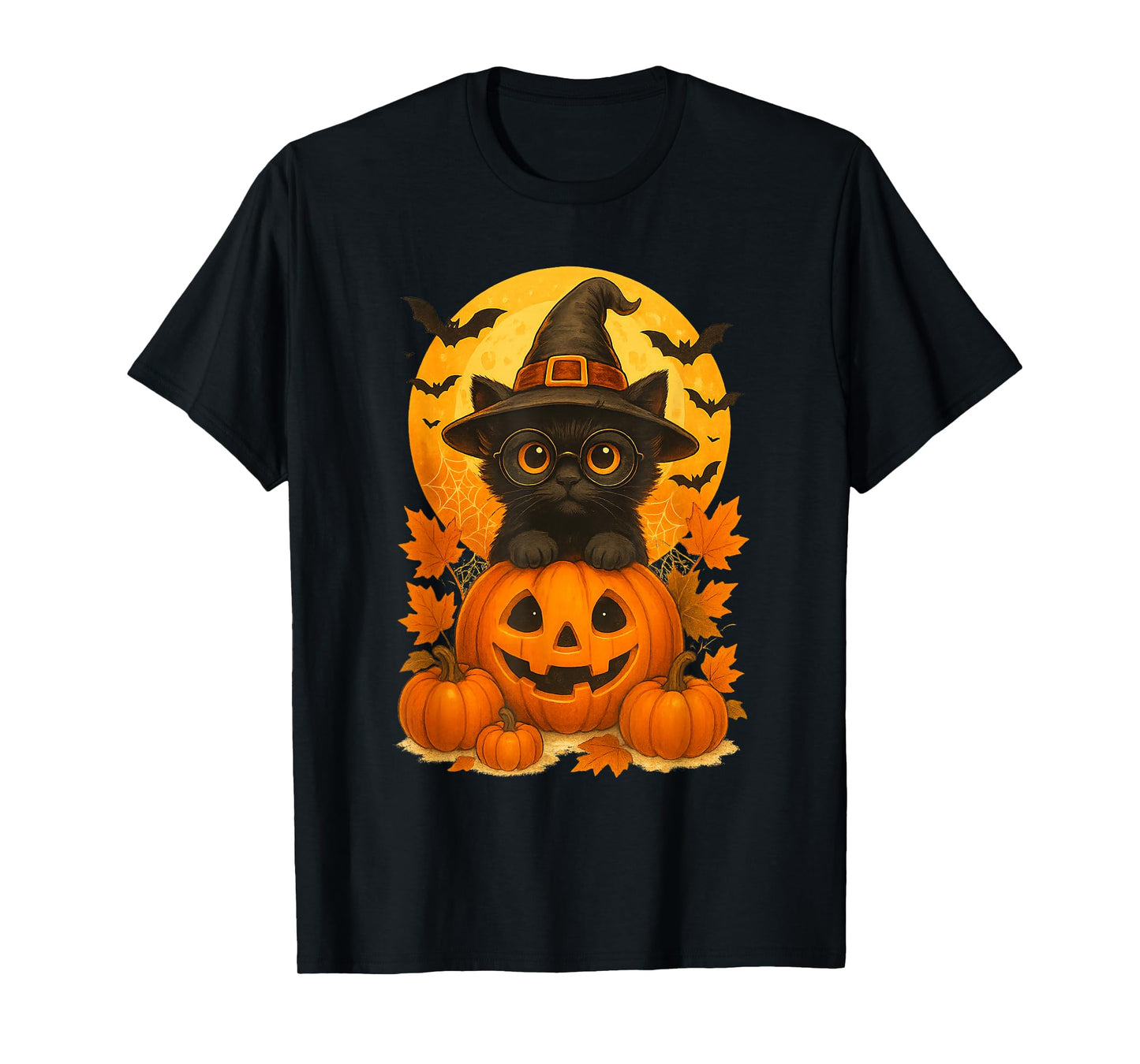 Black Cat Witch Pumpkin Halloween Costume Retro Fall Autumn T-Shirt