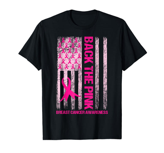 Back The Pink Ribbon American Flag Breast Cancer Awareness T-Shirt