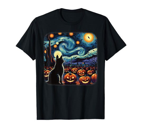 Halloween Black Cat Van Gogh Starry Night Pumpkins Bats Men Women Girls Kids T-Shirt