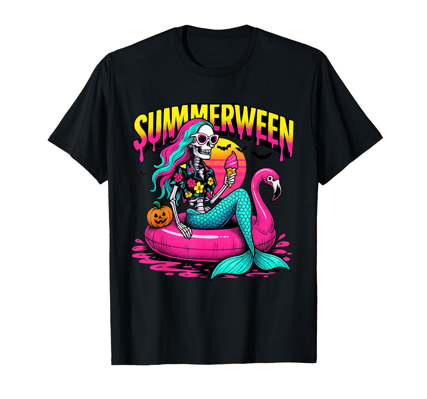 Summerween Skeleton Mermaid Halloween Flamingo T-Shirt