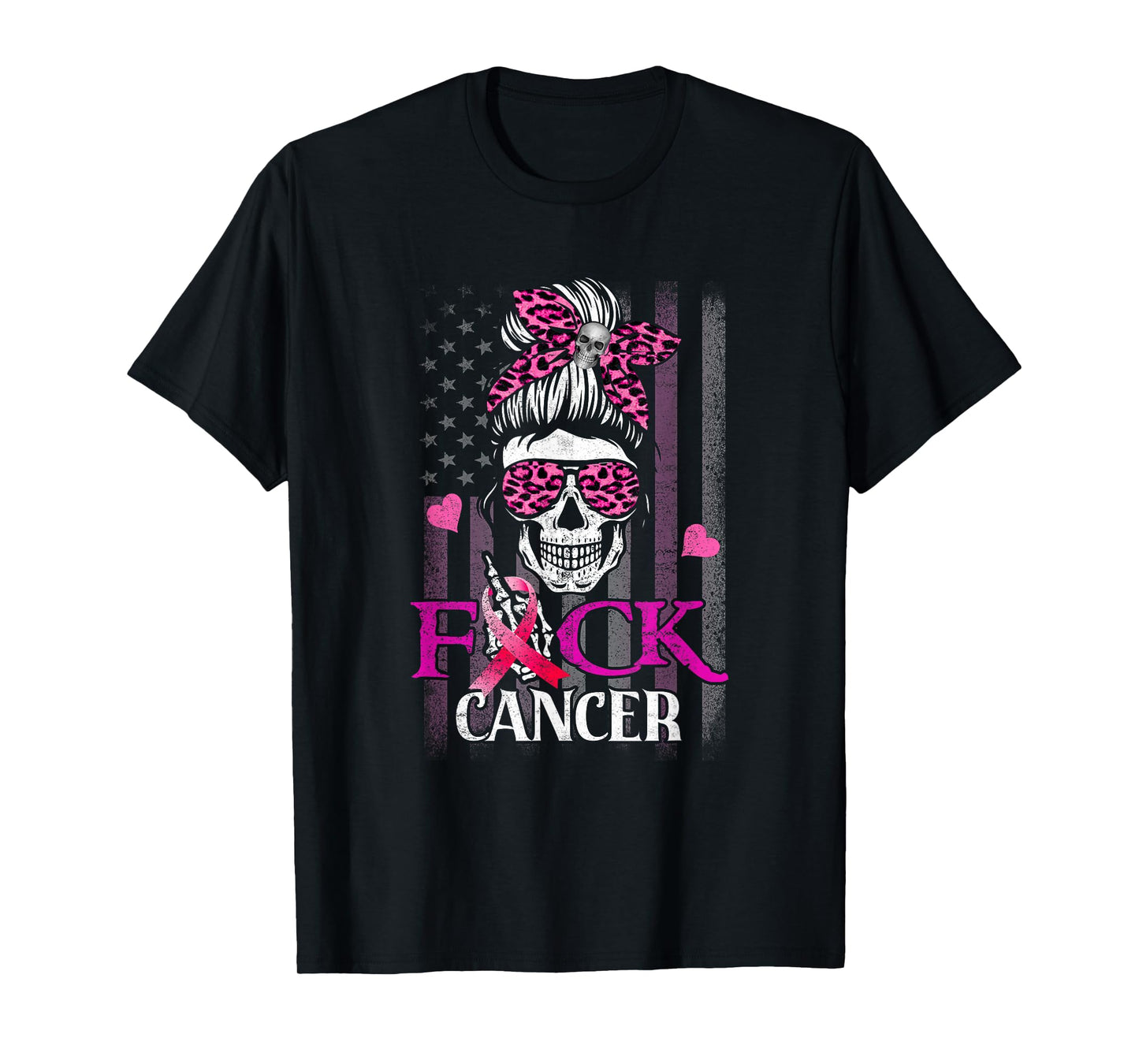 Messy Bun Skull Breast Cancer Awareness Fuck-Cancer USA Flag T-Shirt
