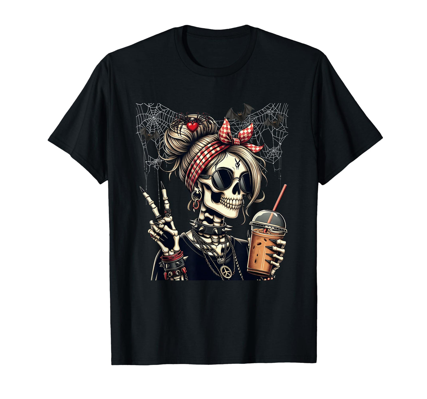 Skeleton Girl Iced Coffee Lover Peace Sign Gothic Halloween T-Shirt