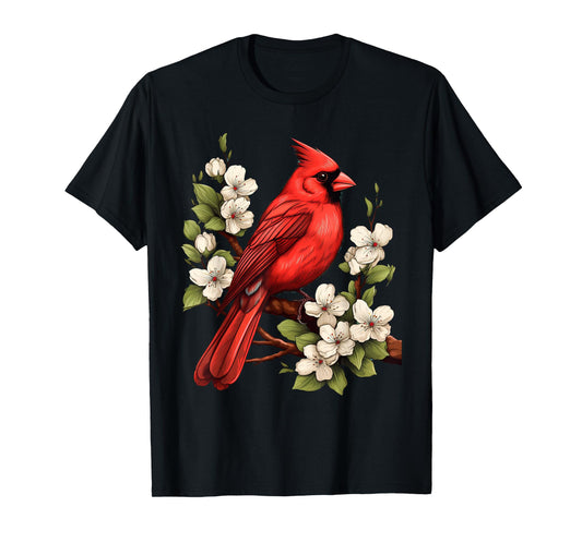 Cute Cottagecore Aesthetic Northern Cardinal Bird Flowers T-Shirt