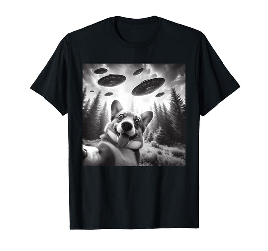 Corgi Dog Taking Selfie with UFOs Outer Space Alien Geeks Men Women Kids T-Shirt