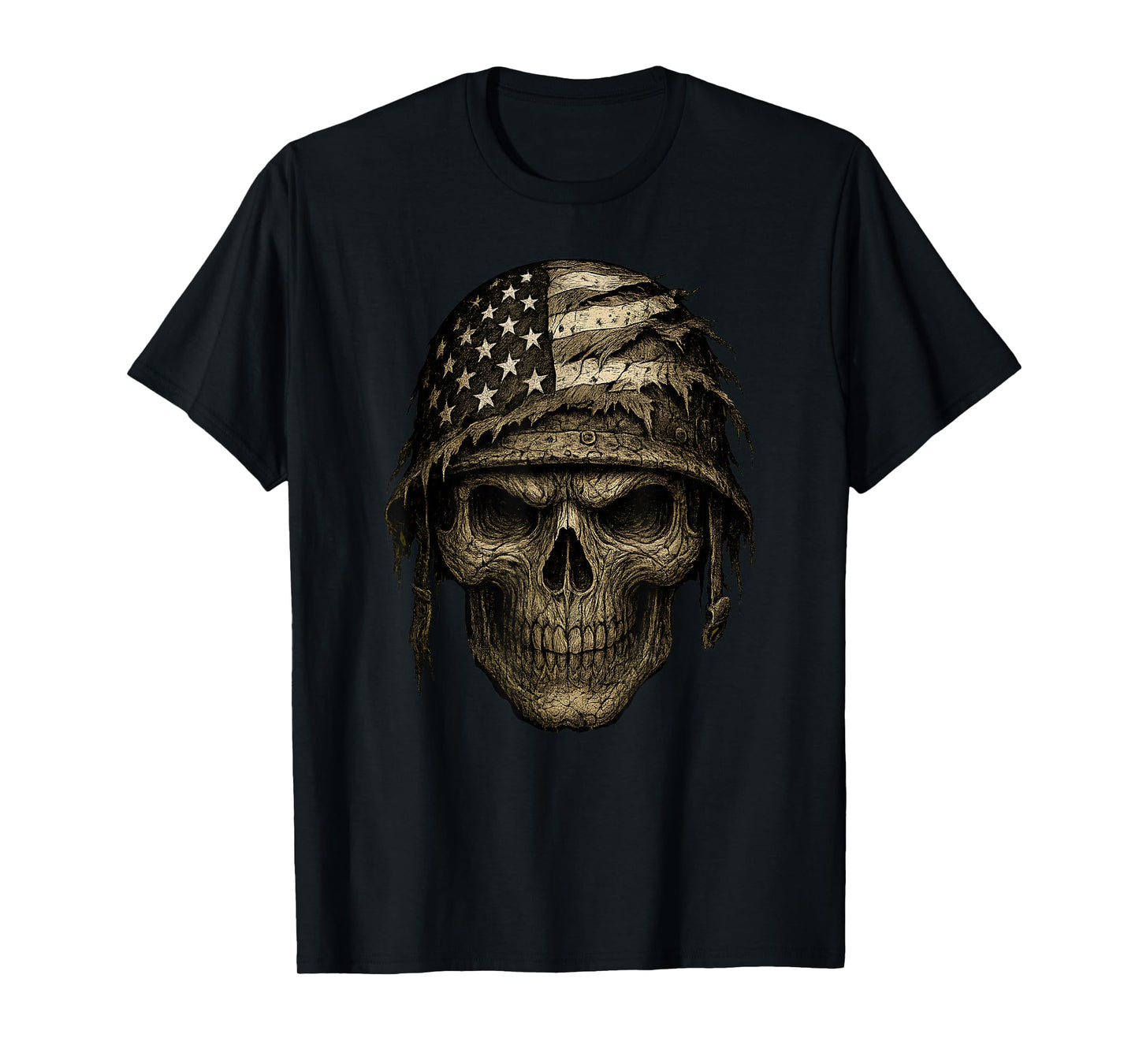 Patriotic Skull Art American Flag Helmet Military Gothic T-Shirt