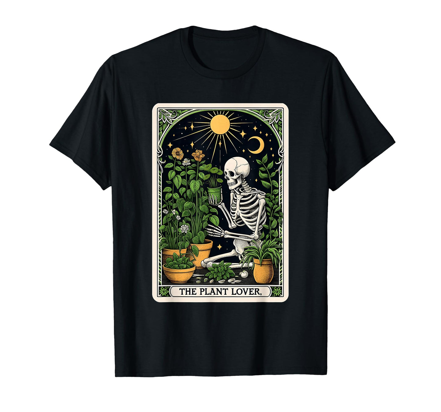 The Plant Lover Tarot Card Halloween Skeleton Gardener Moon T-Shirt