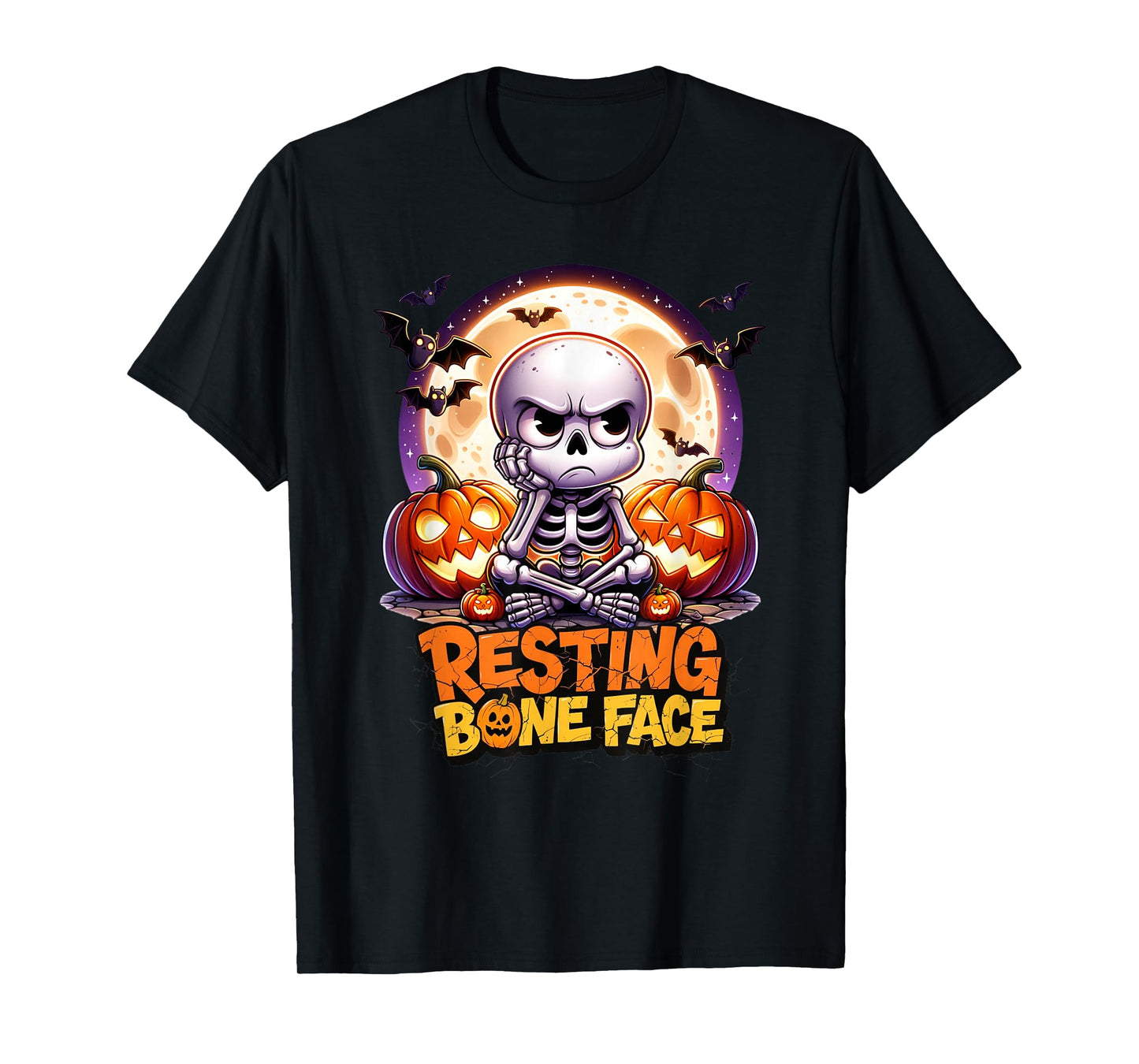 Resting Bone Face Funny Skeleton Halloween Pumpkin Bats T-Shirt