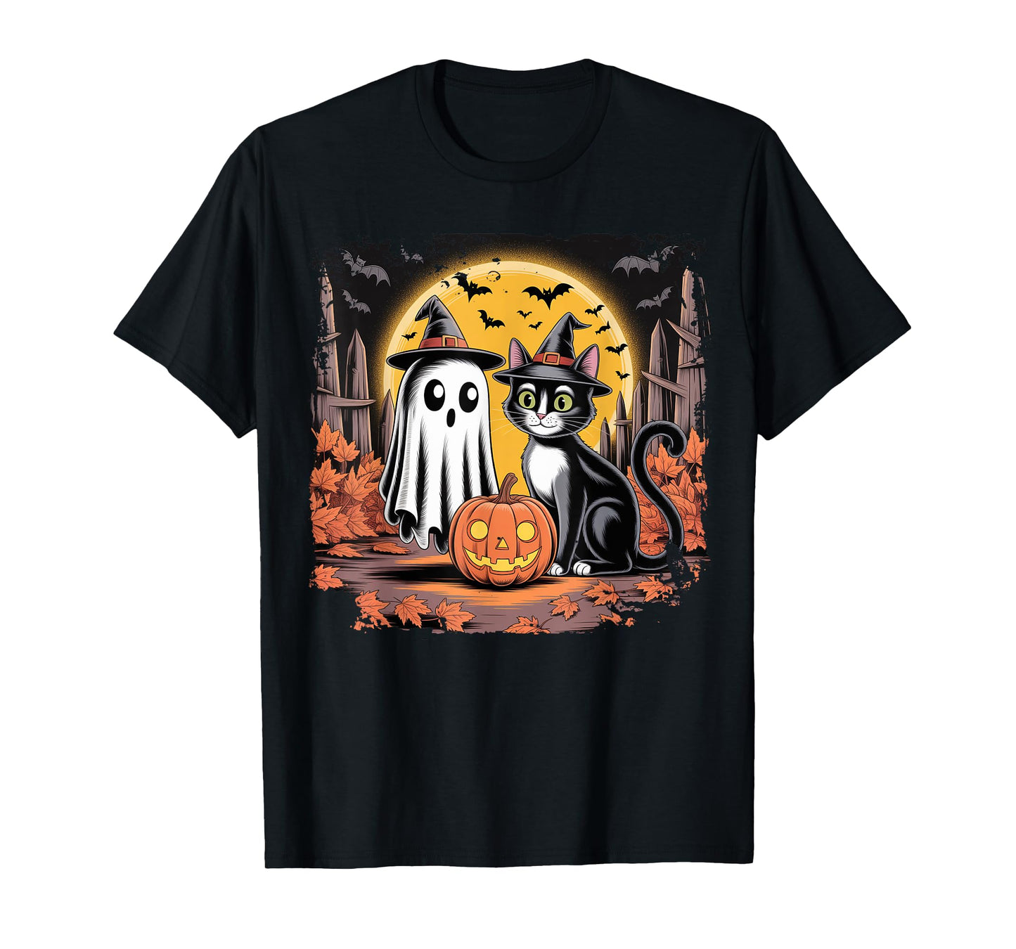 Cute Ghost Black Cat Halloween Witch Pumpkin Dark Forest T-Shirt