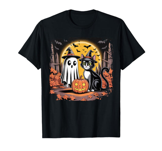 Cute Ghost Black Cat Halloween Witch Pumpkin Dark Forest T-Shirt