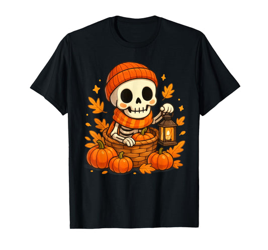 Cute Skeleton in a Basket Pumpkin Spooky Season Autumn Fall T-Shirt