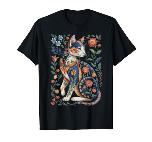 Cute Cat Lover Vintage Flowers Art Pattern Aesthetic T-Shirt