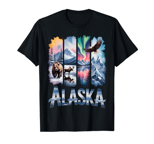 Alaskan Bear Moose Eagle Lake And Mountain Aurora Borealis T-Shirt