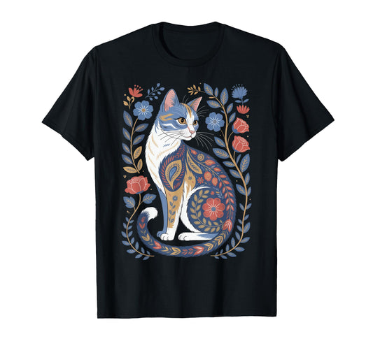 Cute Cat Lover Vintage Flowers Art Pattern Aesthetic T-Shirt