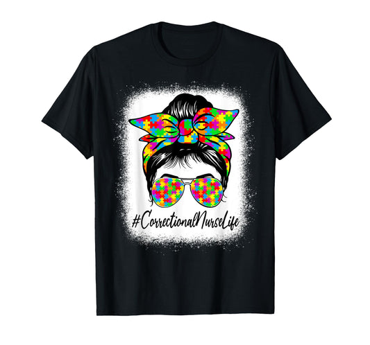 Correctional Nurse Messy Bun Supporting Autism Awareness T-Shirt
