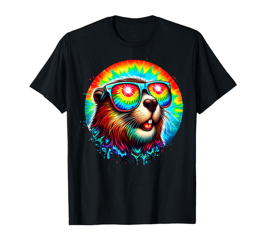 Cool Tie Dye Sunglasses Beaver Illustration Graphic Art T-Shirt
