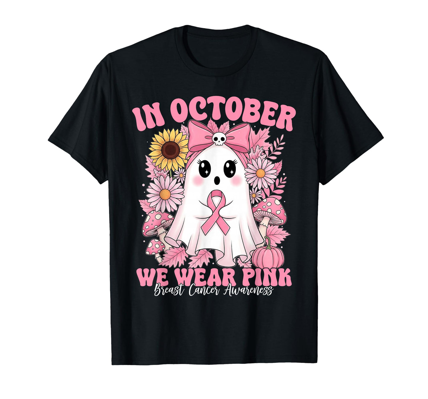 In October We Wear Pink Ghost Witch Breast Cancer Awareness T-Shirt