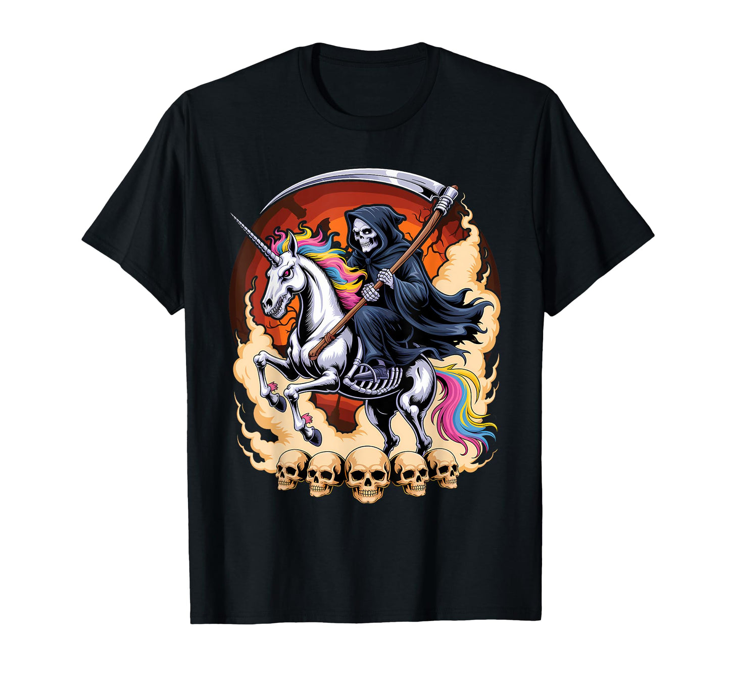 Grim Reaper Riding Unicorn Skeleton Skull Death Halloween T-Shirt
