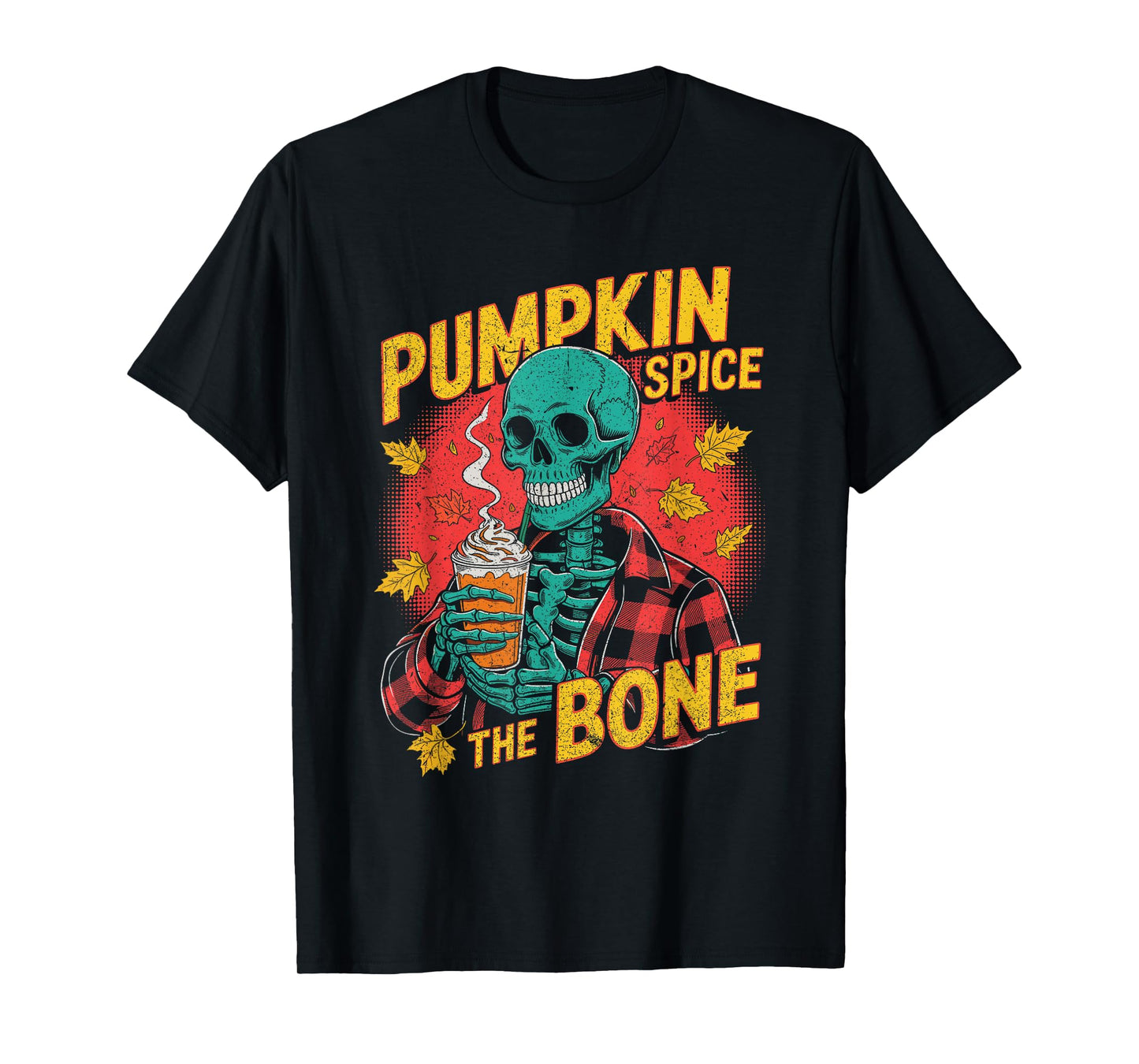 Pumpkin Spice Skeleton Holding Latte Fall Leaves T-Shirt