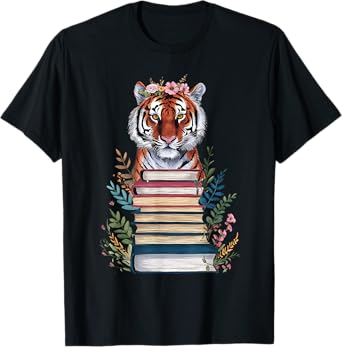 Cute Tiger With Book Floral Bookworm Librarian Book Lover T-Shirt