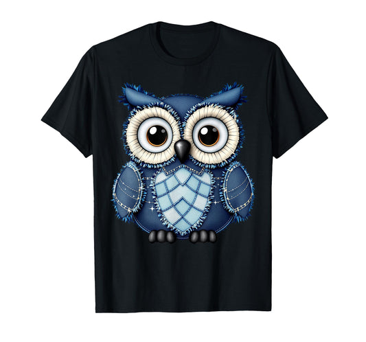 Cute Owl Men Women Owl Pattern Denim Patchwork Art T-Shirt