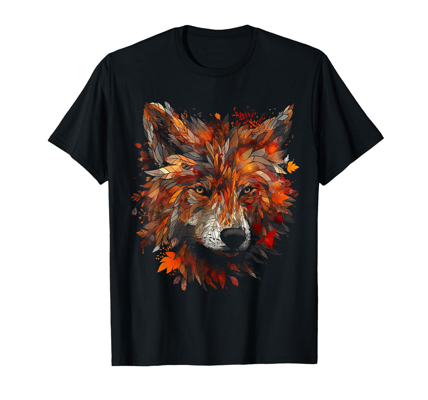 Wolf Autumn Leaves - Animal Art Motif Wolf T-Shirt