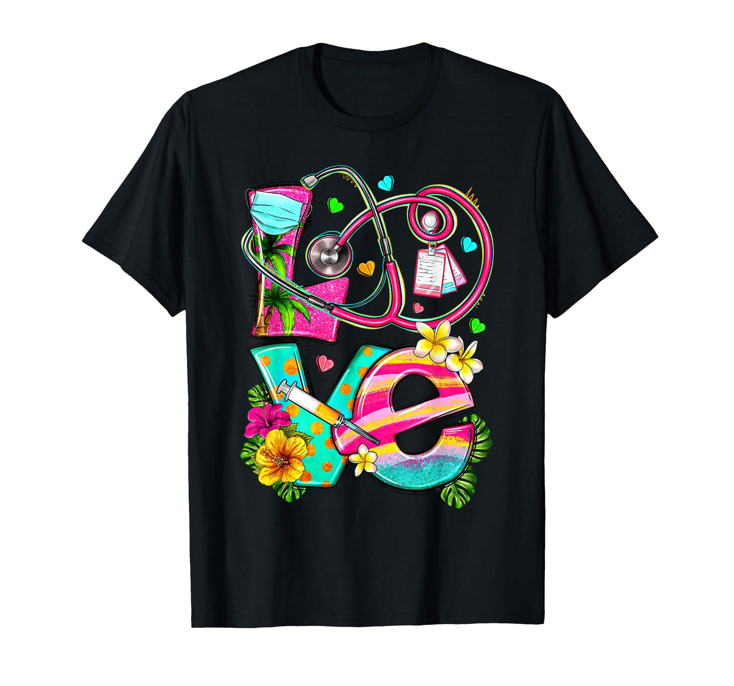 Love Summer Nurse Stethoscope Tropical Flowers Hawaii T-Shirt