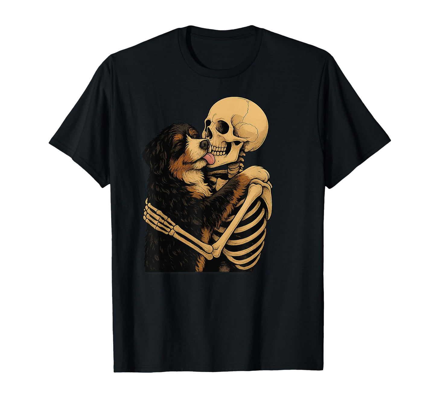 Skeleton Hugging Bernedoodle Dog Halloween T-Shirt