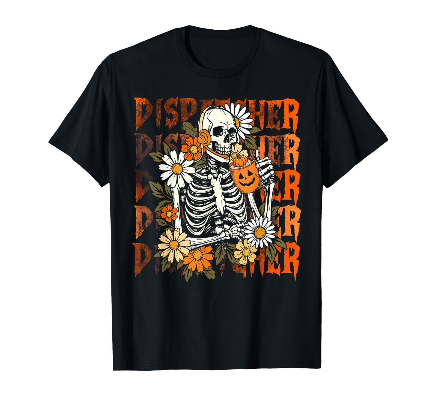 Retro 911 Dispatcher Skeleton Daisy Flower Pumpkin Halloween T-Shirt