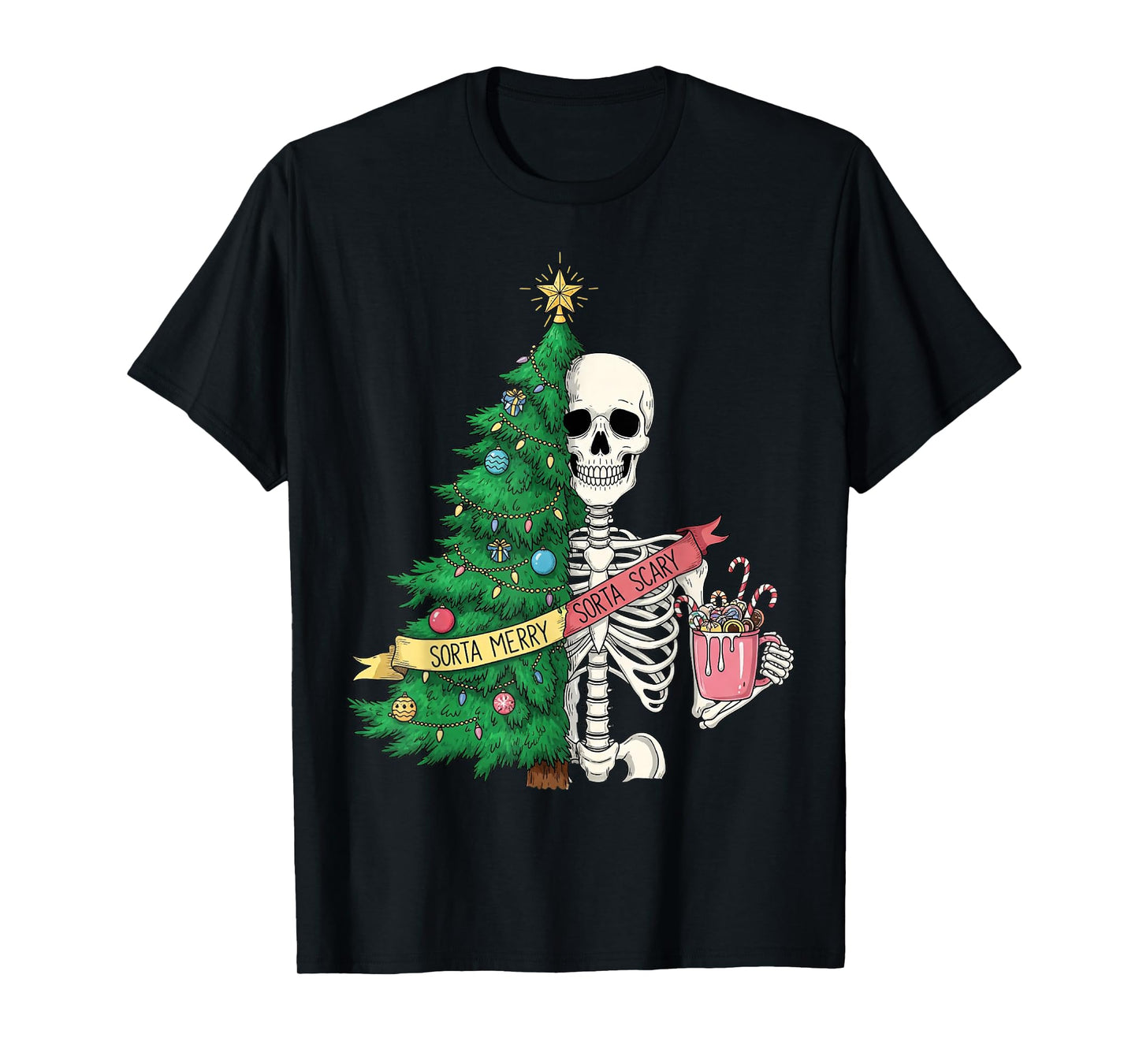 Sorta Merry Sorta Scary Christmas Skeleton Tree Hot Cocoa T-Shirt