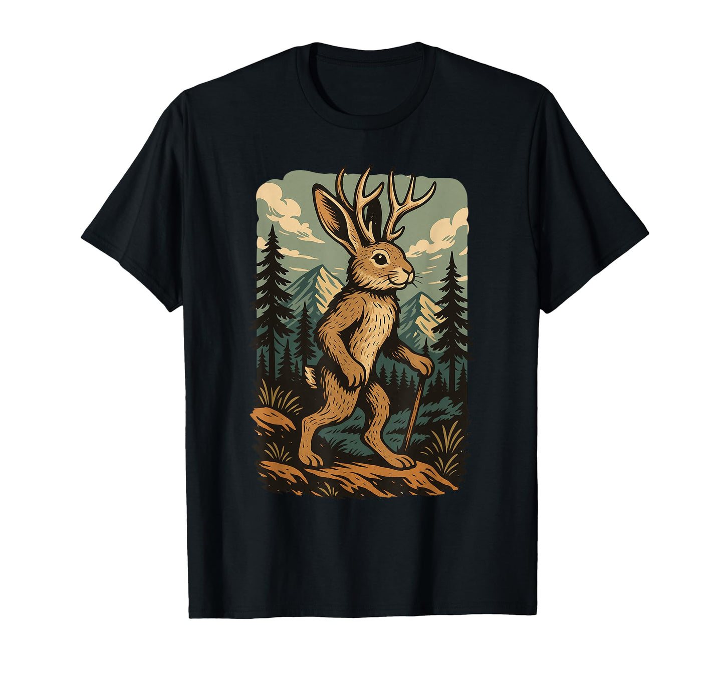 Vintage cryptid Jackalope Hiking with Mountain Forest T-Shirt
