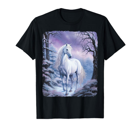 Beautiful white Horse standing in a snowy forest by night T-Shirt