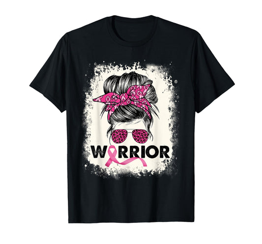 Warrior Breast Cancer Awareness Pink Ribbon Messy Bun T-Shirt