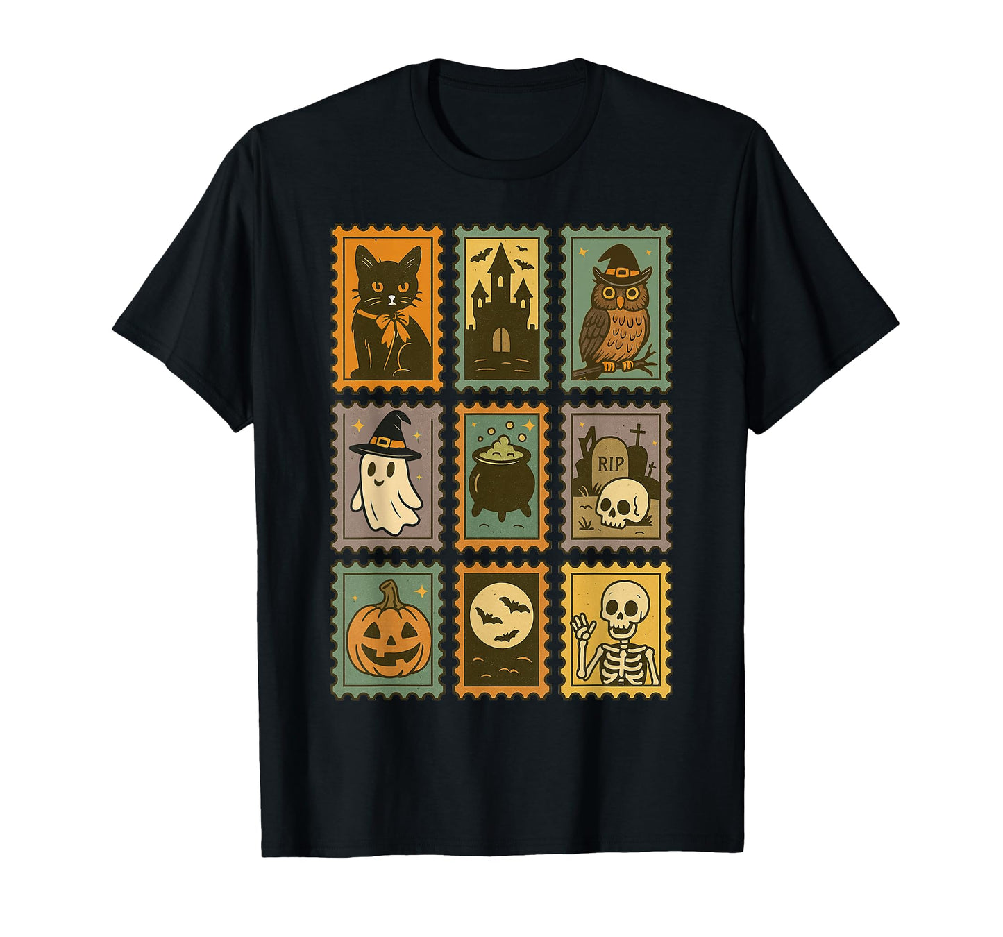 Retro Halloween Stamps Funny Vintage Cute Spooky Halloween T-Shirt