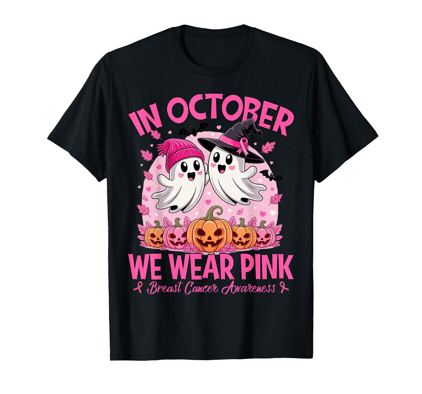 in October We Wear Pink Ghost Witch Breast Cancer Awareness T-Shirt