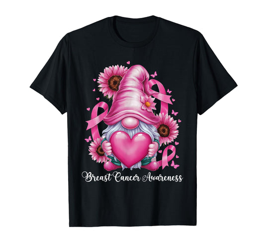 Cute Gnome Breast Cancer Awareness Pink Heart Pink Ribbon T-Shirt