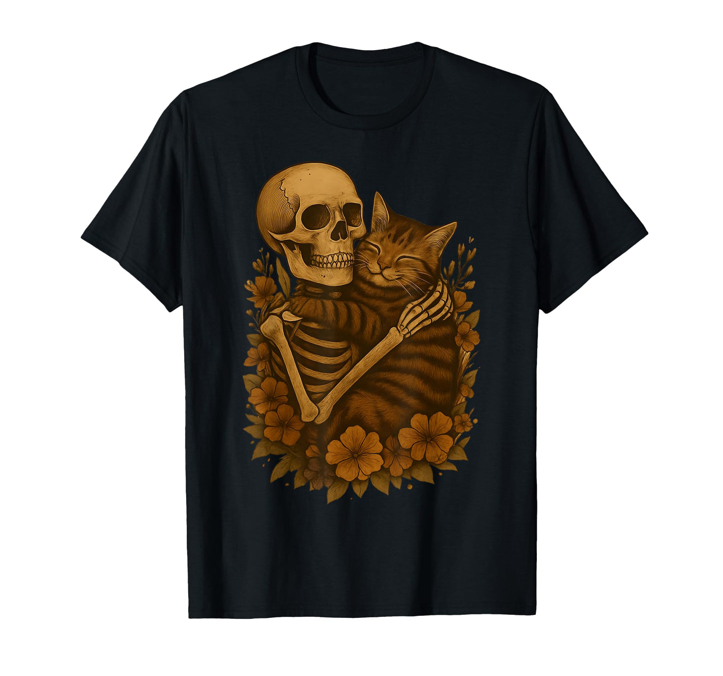 Skeleton Hugging Cat Floral Halloween Cats Lover T-Shirt