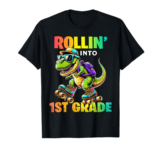 1st Grade Back To School First Day Boys Rollin into T Rex T-Shirt